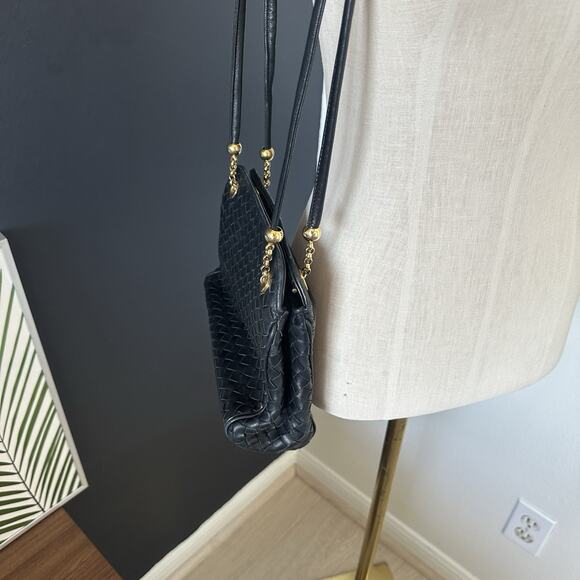 SISO ITALY VINTAGE LEATHER Woven Handbag Black Bottega Style Gold Accents - Picture 4 of 9